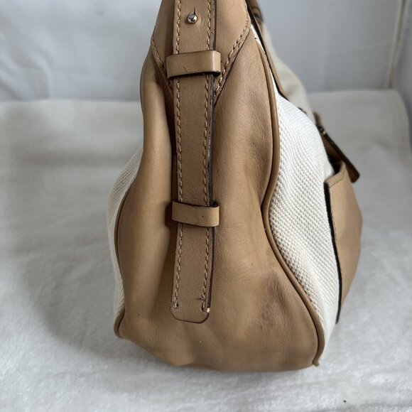 Diane Von Furstenberg Canvas/Leather Leopard Accent Hobo Bag Tan & White - Picture 3 of 16